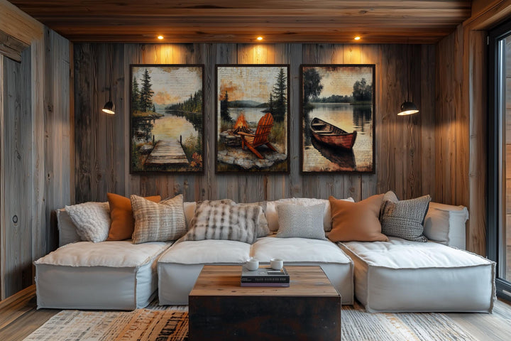 3 Piece Cabin Wall Art - Fishing Dock, Old Canoe, Campfire And Adirondack Chair Canvas Prints