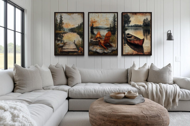 3 Piece Cabin Wall Art - Fishing Dock, Old Canoe, Campfire And Adirondack Chair Canvas Prints