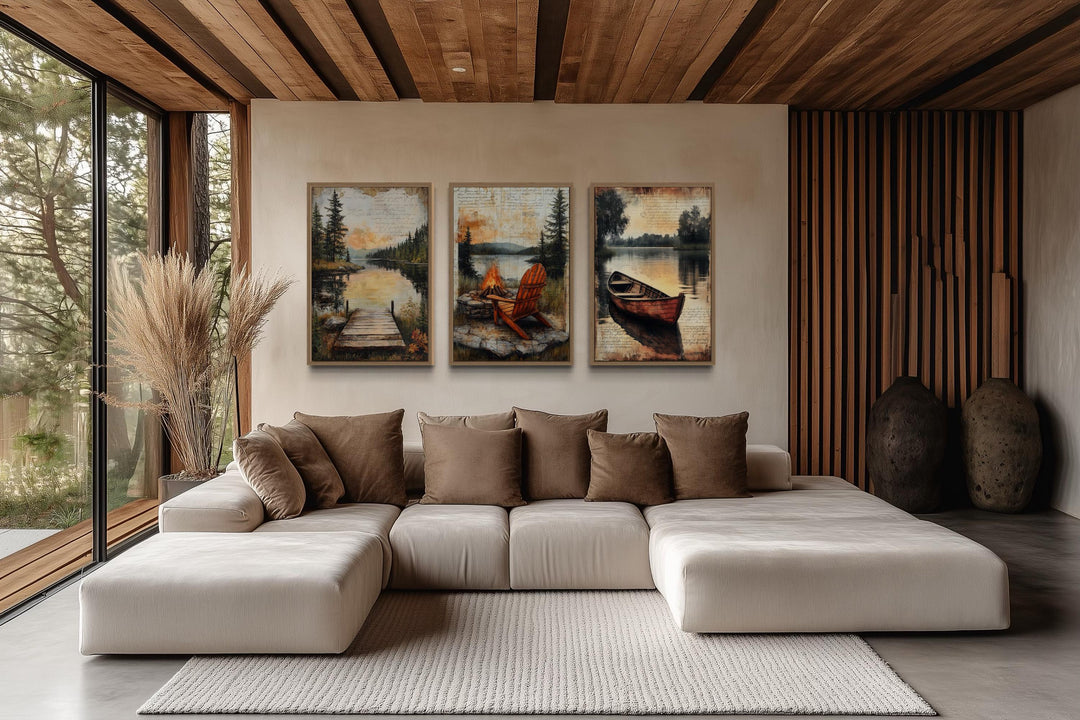 3 Piece Cabin Wall Art - Fishing Dock, Old Canoe, Campfire And Adirondack Chair Canvas Prints