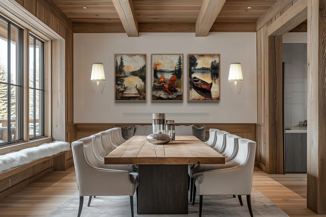 3 Piece Cabin Wall Art - Fishing Dock, Old Canoe, Campfire And Adirondack Chair Canvas Prints