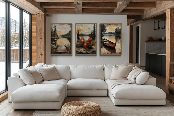 3 Piece Cabin Wall Art - Fishing Dock, Old Canoe, Campfire And Adirondack Chair Canvas Prints