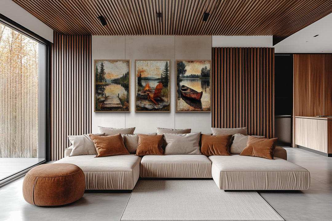 3 Piece Cabin Wall Art - Fishing Dock, Old Canoe, Campfire And Adirondack Chair Canvas Prints