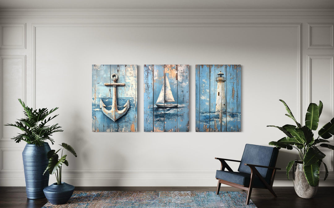 3 Piece Coastal Wall Art - Rustic Paintings Of Lighthouse, Sail Boat And Ship Anchor