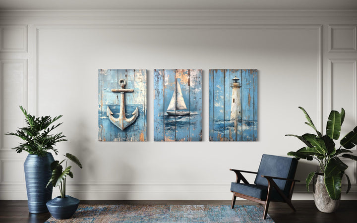 3 Piece Coastal Wall Art - Rustic Paintings Of Lighthouse, Sail Boat And Ship Anchor