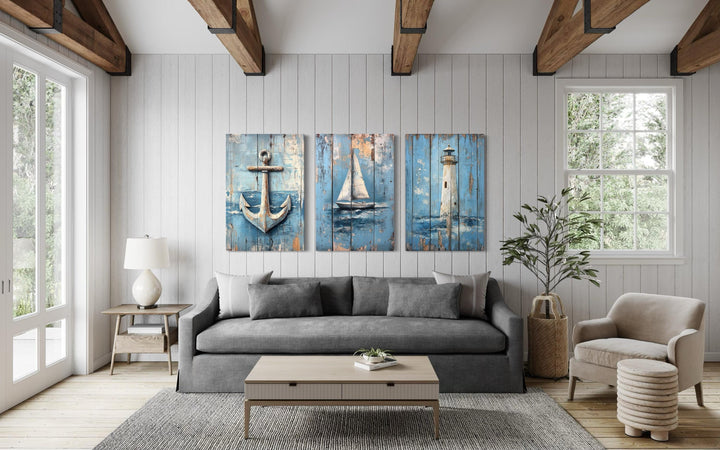 3 Piece Coastal Wall Art - Rustic Paintings Of Lighthouse, Sail Boat And Ship Anchor