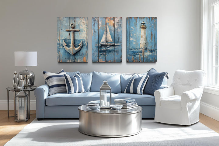 3 Piece Coastal Wall Art - Rustic Paintings Of Lighthouse, Sail Boat And Ship Anchor
