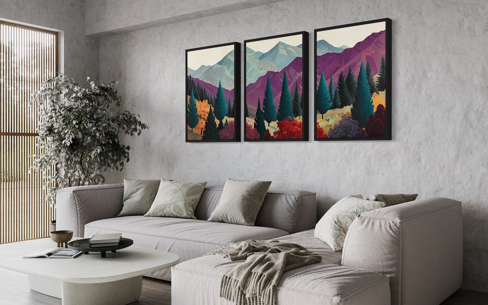 3 Piece Mid Century Abstract Purple Mountain Landscape Framed Canvas Wall Art