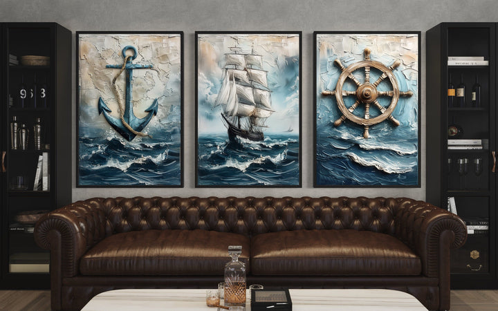3 Piece Nautical Paintings Of Sail Ship, Helm Wheel and Anchor Wall Art