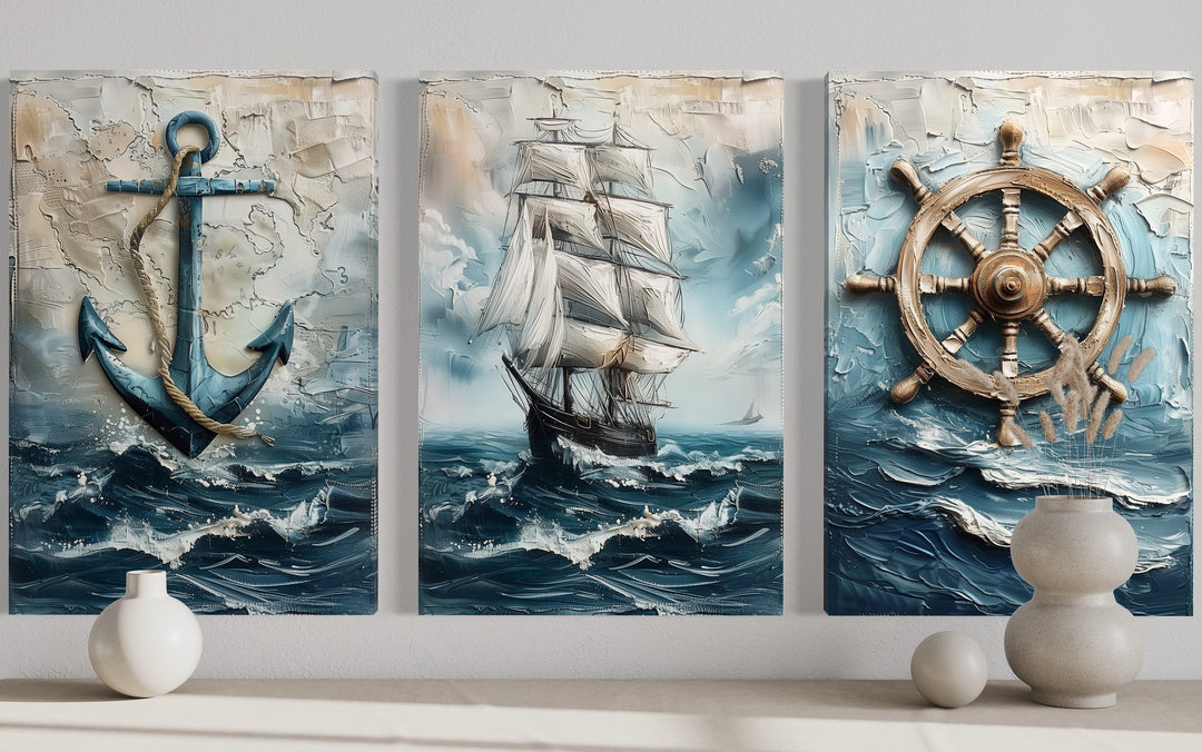 3 Piece Nautical Paintings Of Sail Ship, Helm Wheel and Anchor Wall Art