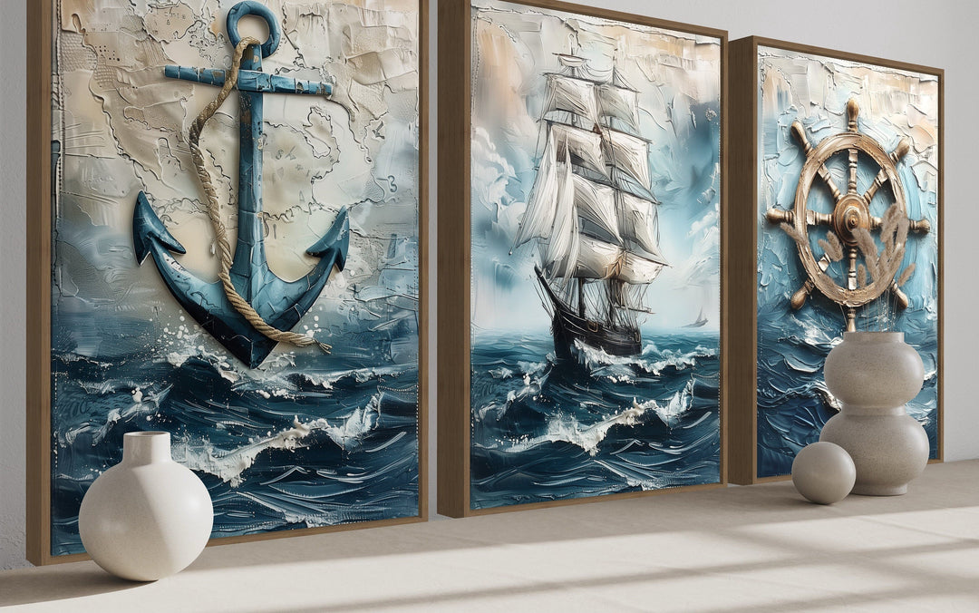 3 Piece Nautical Paintings Of Sail Ship, Helm Wheel and Anchor Wall Art