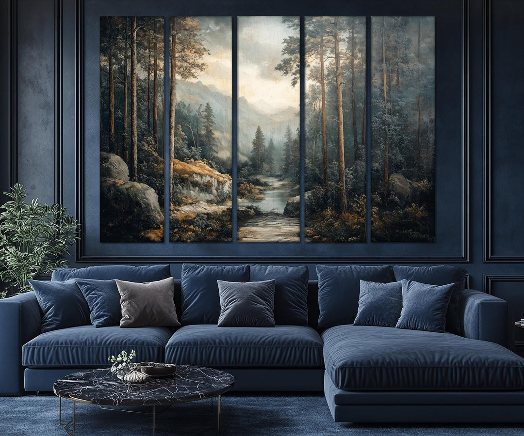 5 Piece Antique Forest River Landscape Multi-Panel Wall Art