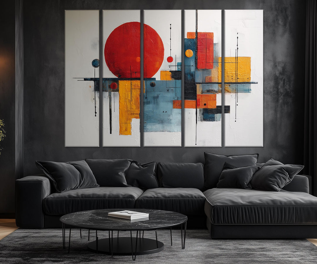 5 Piece Mid Century Modern Bold Red Abstract Geometric Wall Art