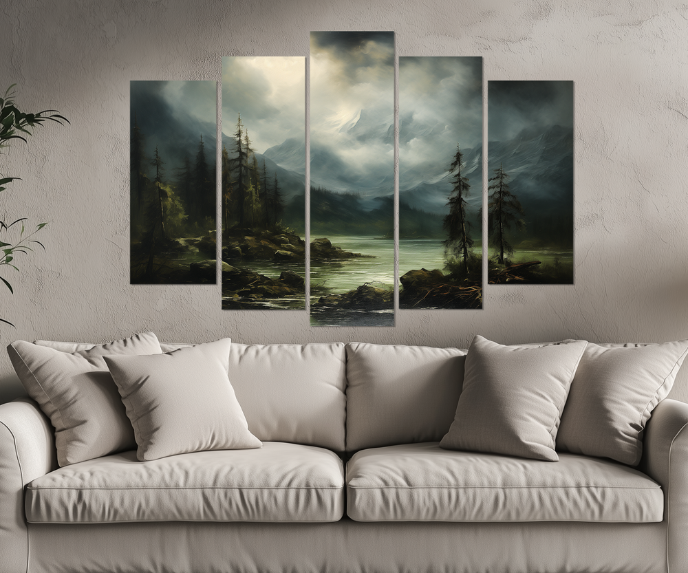 5 Piece Moody Antique Mountain River Emerald Green Landscape Multi-Panel Wall Art