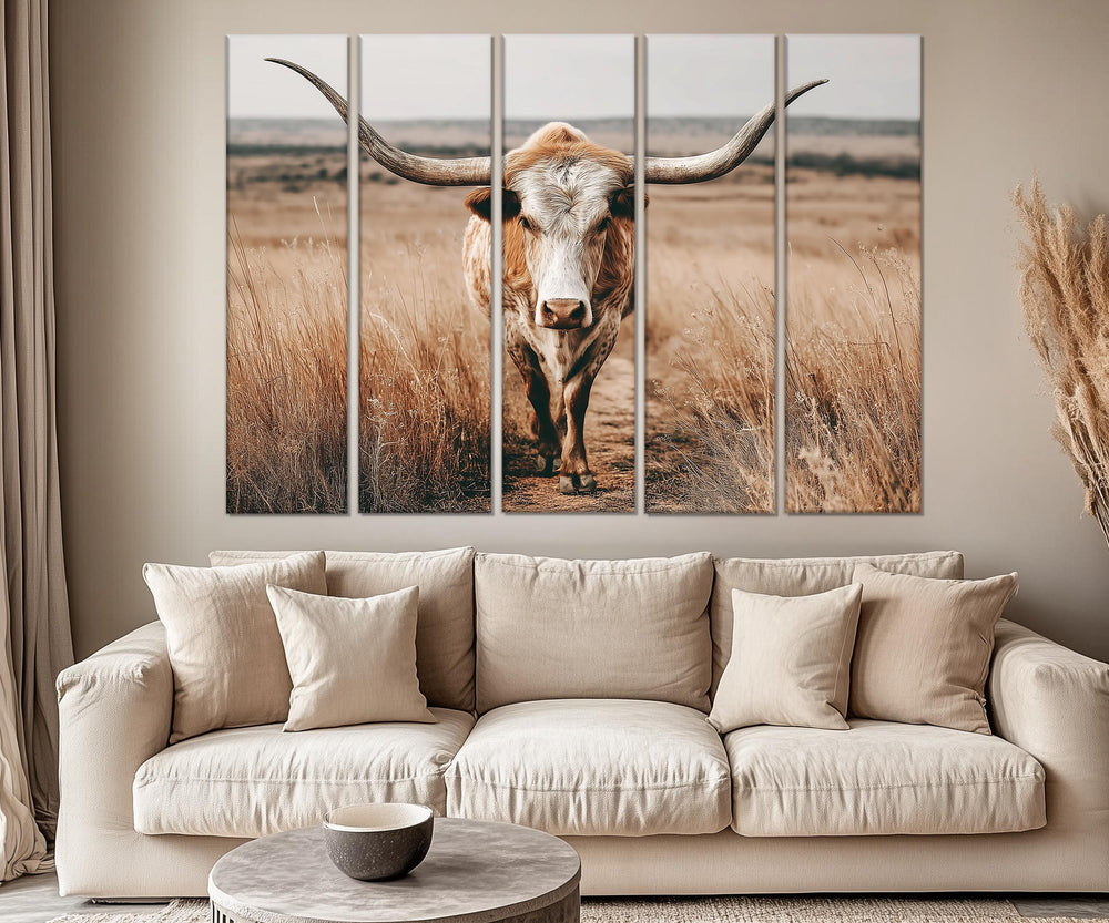 5 Piece Multipanel Longhorn Cow In Field Photography Style Wall Art