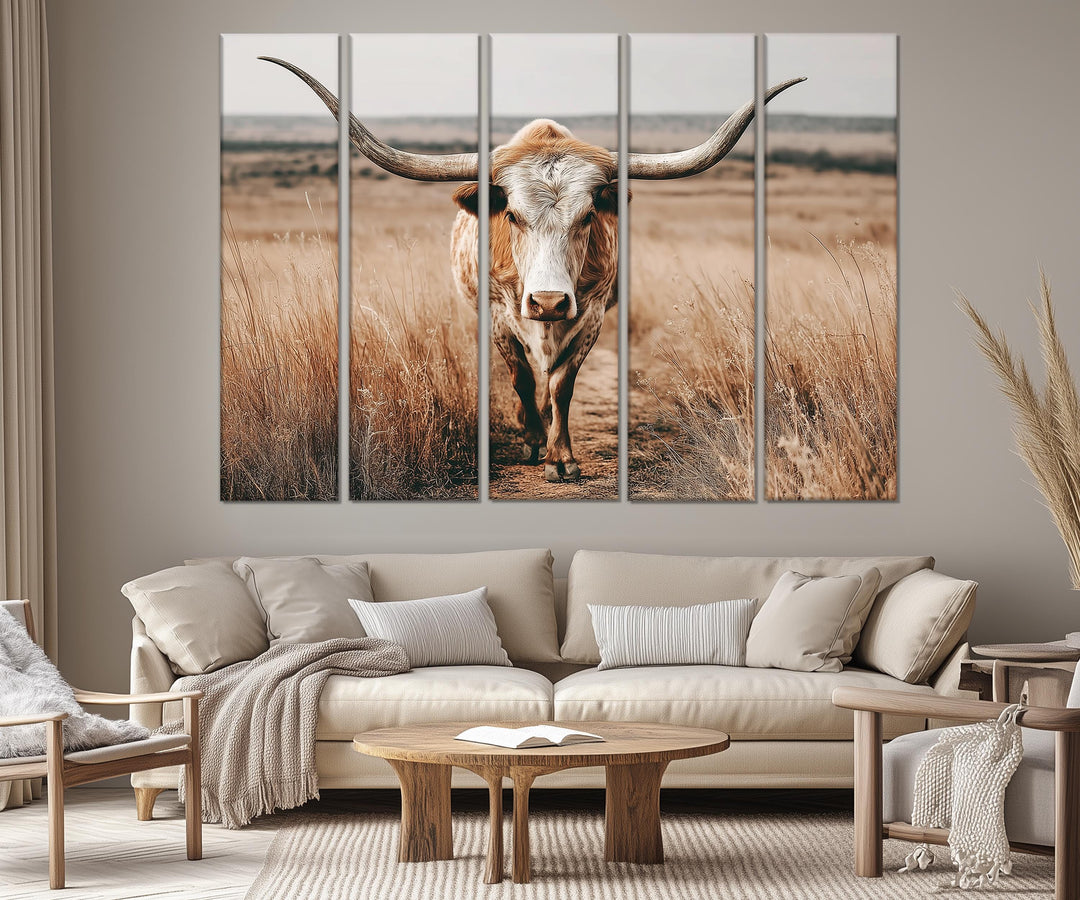 5 Piece Multipanel Longhorn Cow In Field Photography Style Wall Art