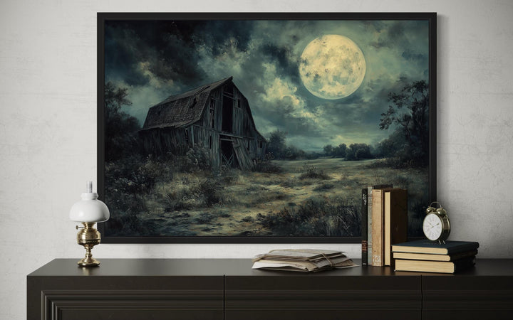 Abandoned Barn Under Full Moon Canvas Wall Art