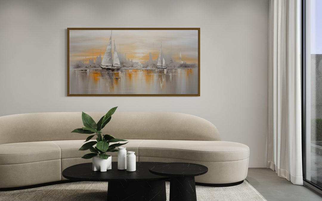 Abstract Sail Boats In Ocean Silver Gold Coastal Framed Canvas Wall Art
