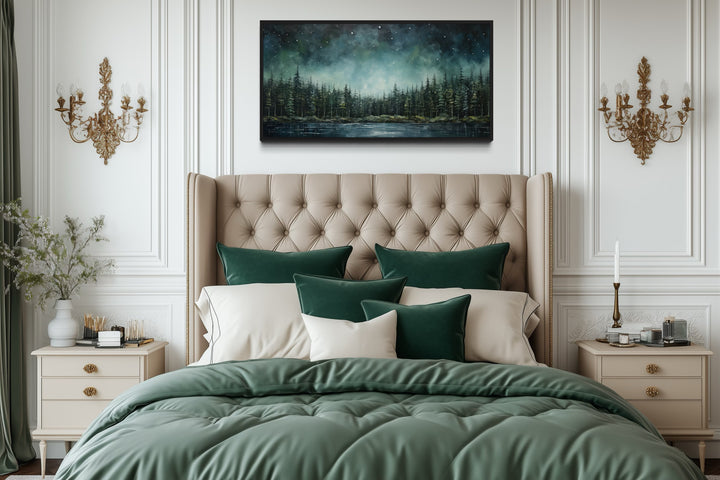 Abstract Starry Sky Over Sage Green Fir Forest And Lake Framed Nature Wall Art