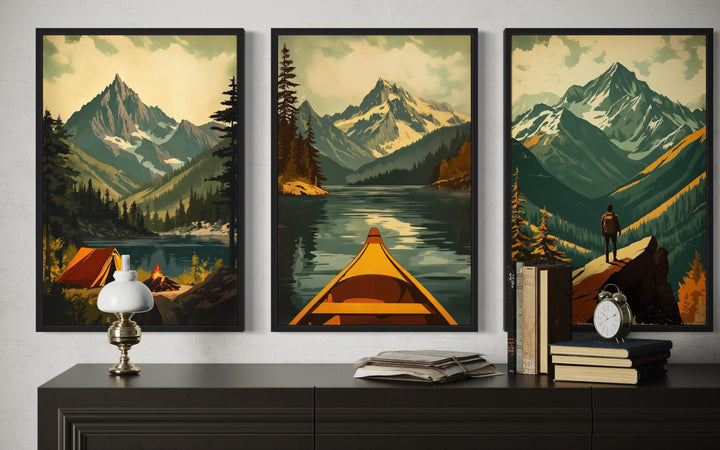 Adventure Wall Art Set of 3 – Mountain Landscape, Camping, Canoe and Hiker Canvas Prints