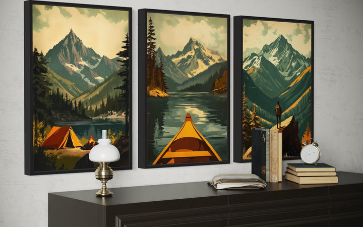 Adventure Wall Art Set of 3 – Mountain Landscape, Camping, Canoe and Hiker Canvas Prints