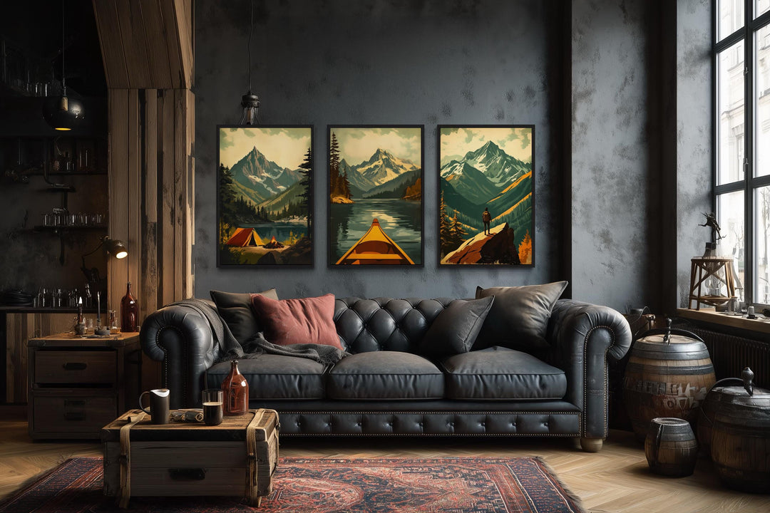 Adventure Wall Art Set of 3 – Mountain Landscape, Camping, Canoe and Hiker Canvas Prints
