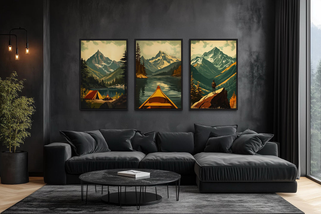 Adventure Wall Art Set of 3 – Mountain Landscape, Camping, Canoe and Hiker Canvas Prints