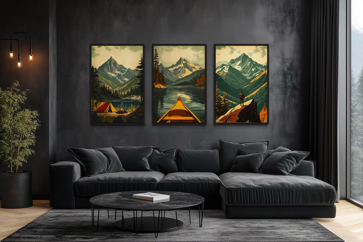 Adventure Wall Art Set of 3 – Mountain Landscape, Camping, Canoe and Hiker Canvas Prints