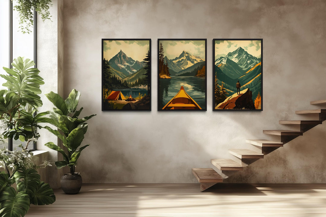 Adventure Wall Art Set of 3 – Mountain Landscape, Camping, Canoe and Hiker Canvas Prints