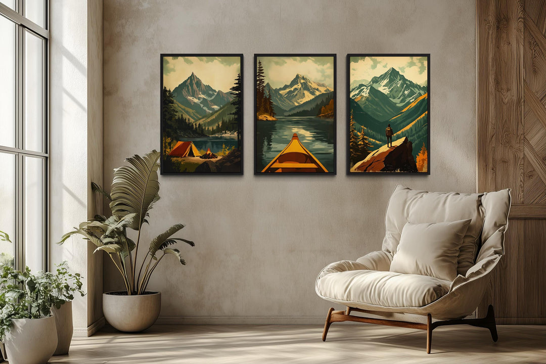 Adventure Wall Art Set of 3 – Mountain Landscape, Camping, Canoe and Hiker Canvas Prints