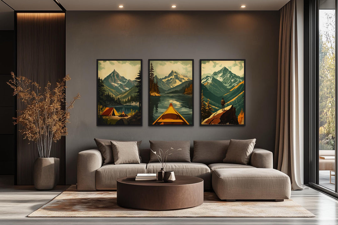 Adventure Wall Art Set of 3 – Mountain Landscape, Camping, Canoe and Hiker Canvas Prints