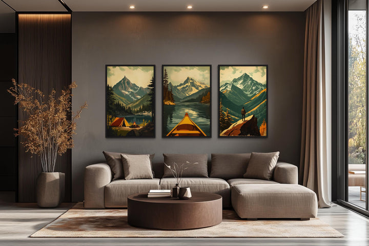 Adventure Wall Art Set of 3 – Mountain Landscape, Camping, Canoe and Hiker Canvas Prints