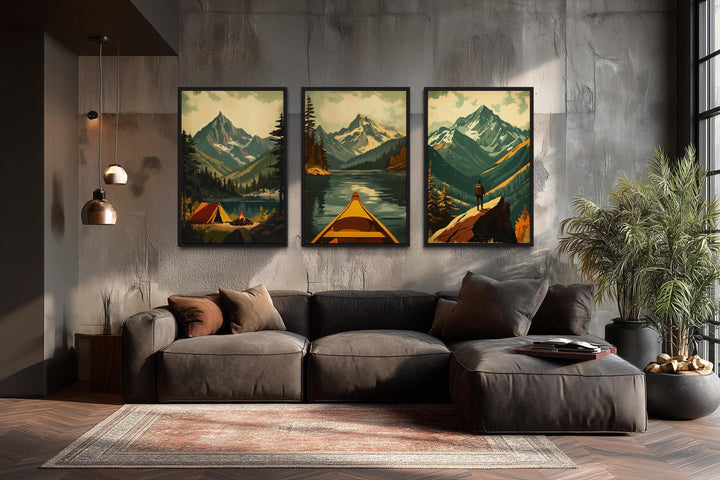 Adventure Wall Art Set of 3 – Mountain Landscape, Camping, Canoe and Hiker Canvas Prints