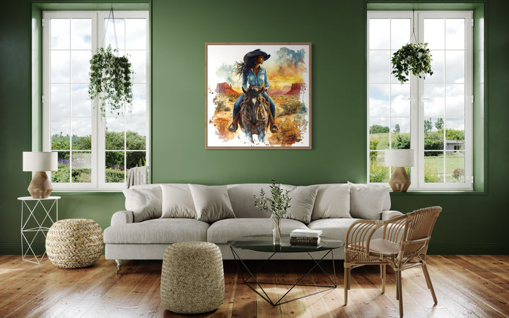 African American Cowgirl Riding A Horse Framed Canvas Wall Art