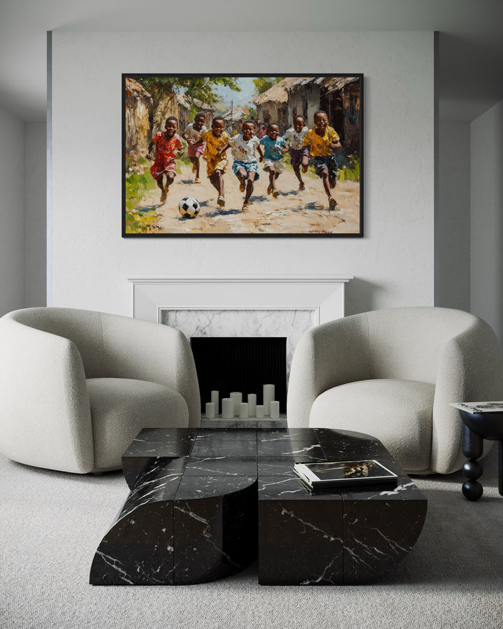 African Children Playing Soccer Framed Canvas Wall Art