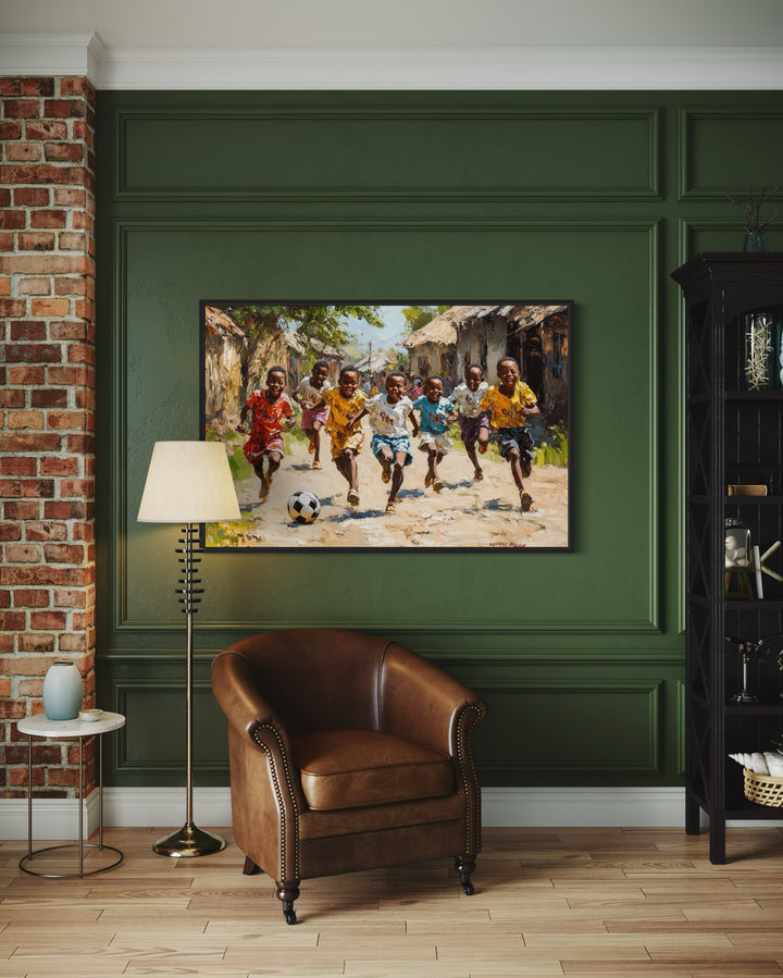 African Children Playing Soccer Framed Canvas Wall Art