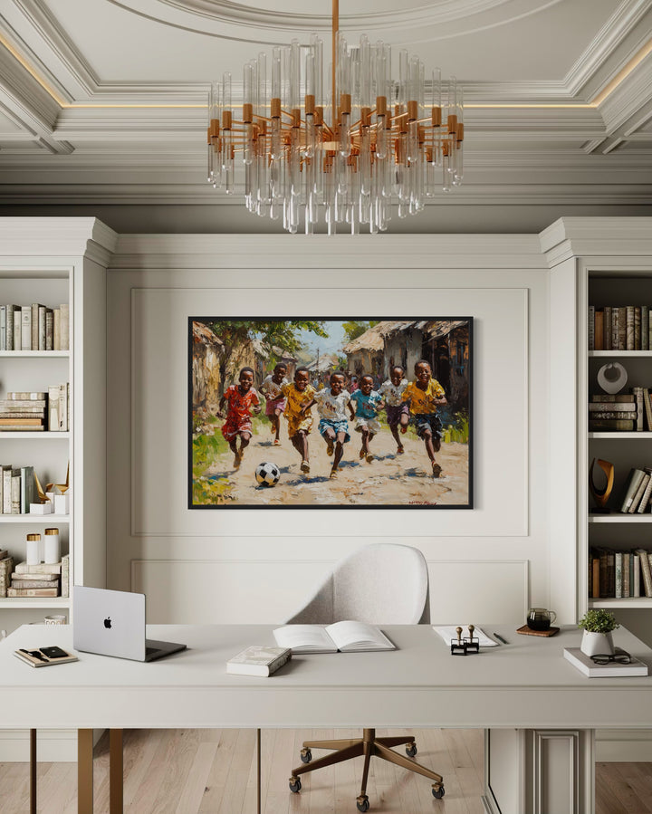African Children Playing Soccer Framed Canvas Wall Art
