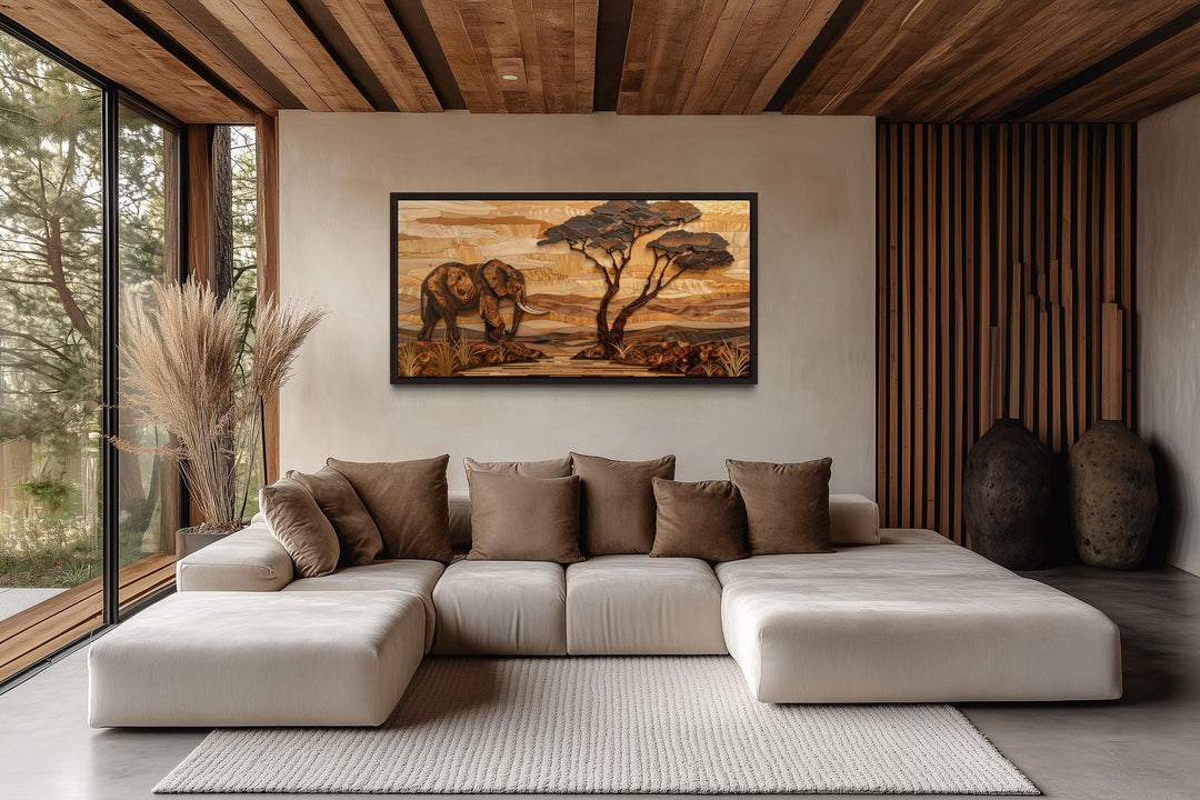 African Elephant Safari And Acacia Tree Canvas Wall Art