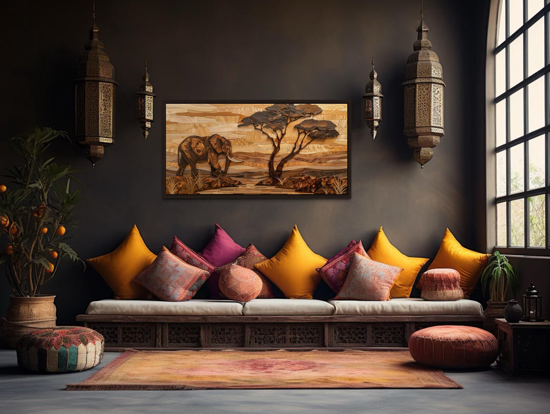 African Elephant Safari And Acacia Tree Canvas Wall Art