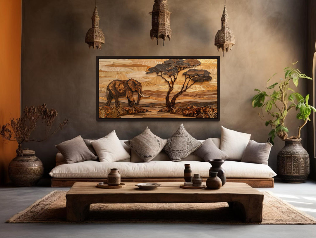 African Elephant Safari And Acacia Tree Canvas Wall Art