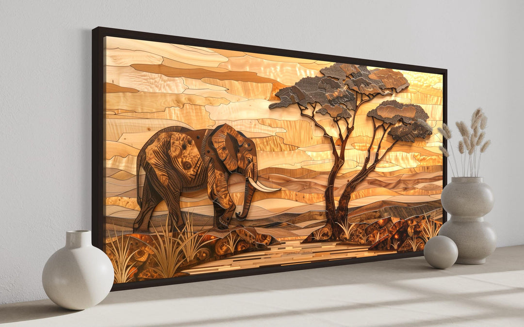 African Elephant Safari And Acacia Tree Canvas Wall Art
