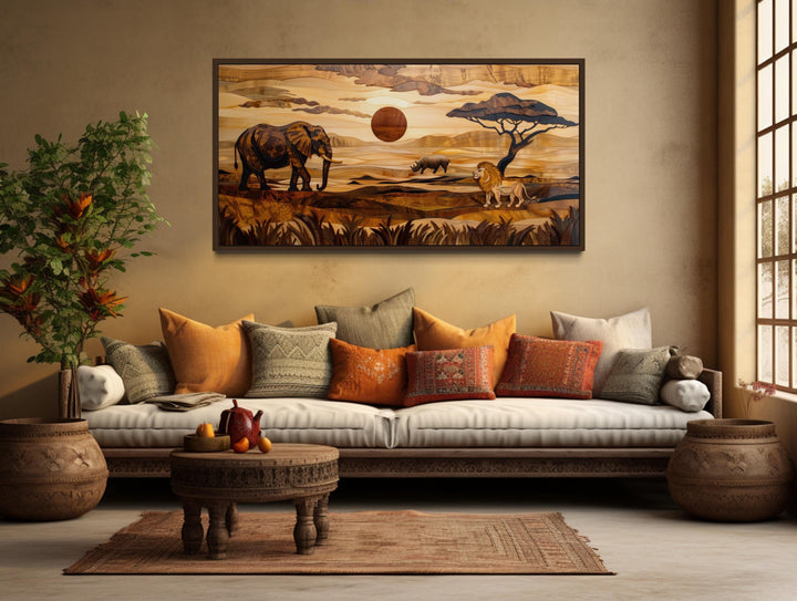 African Savanna Landscape With Elephant, Rhinoceros, Lion Wall Art