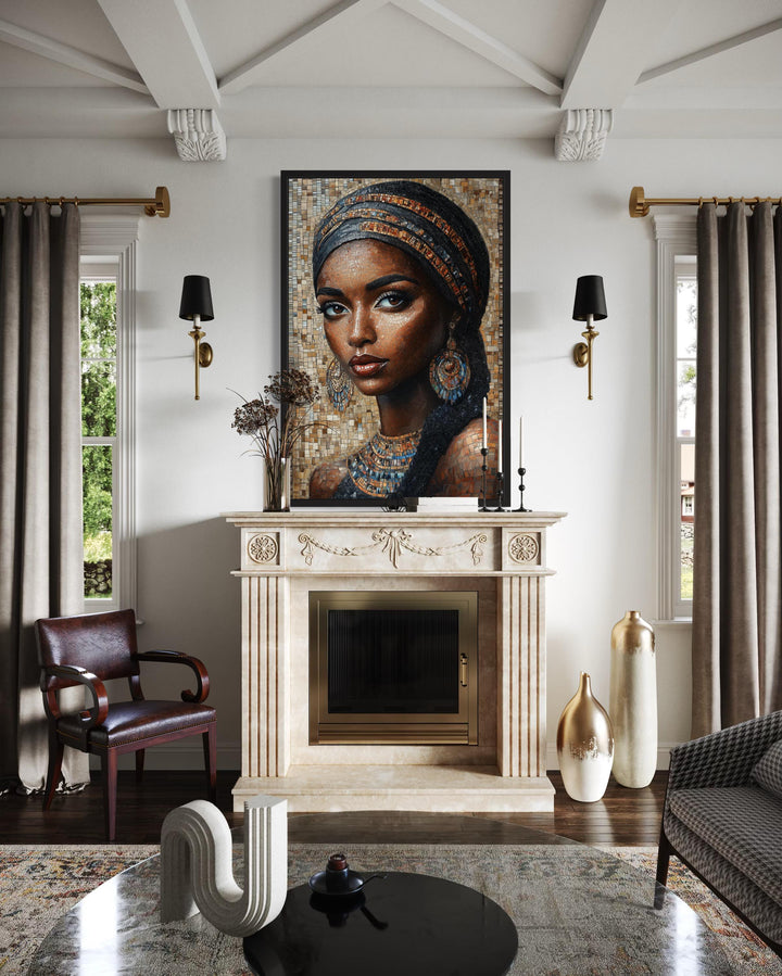 African Woman Mosaic Painting Framed Canvas Wall Art