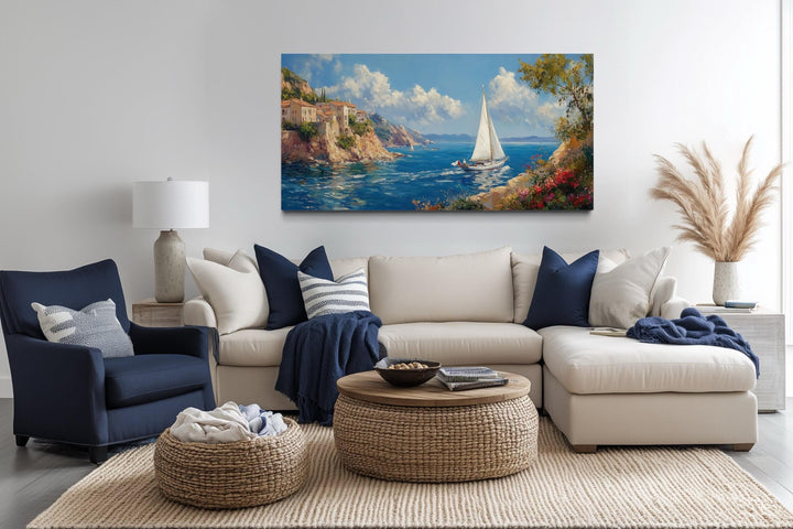 Amalfi Coast With Sail Boat Framed Canvas Wall Art