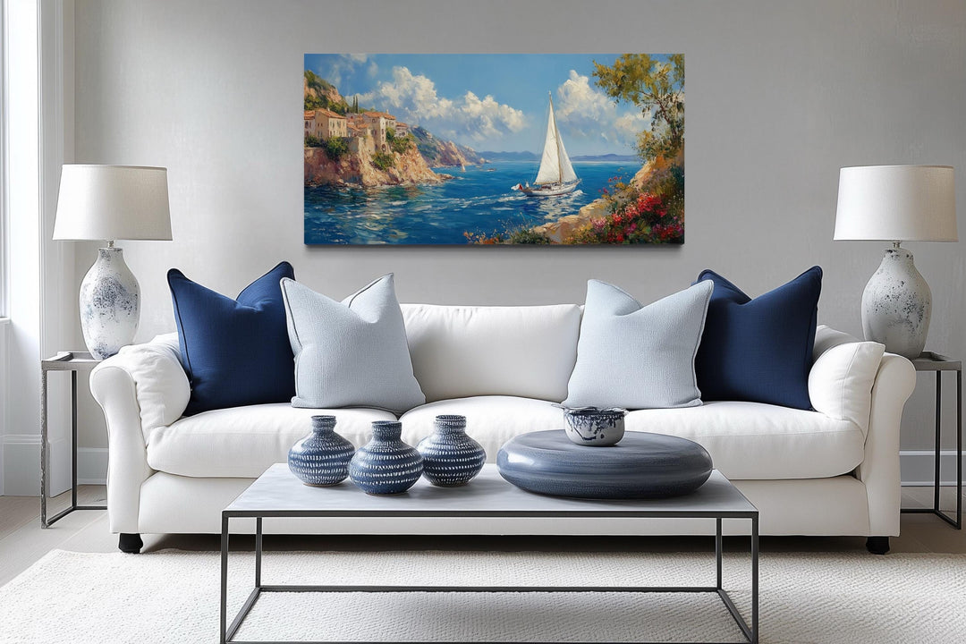 Amalfi Coast With Sail Boat Framed Canvas Wall Art