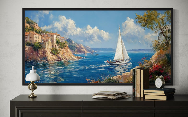 Amalfi Coast With Sail Boat Framed Canvas Wall Art