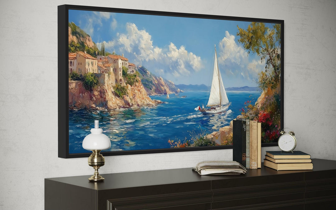 Amalfi Coast With Sail Boat Framed Canvas Wall Art