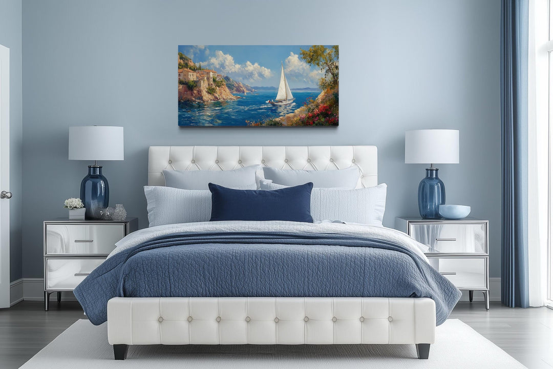 Amalfi Coast With Sail Boat Framed Canvas Wall Art