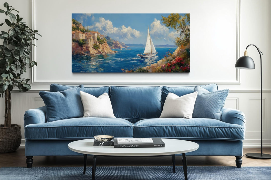 Amalfi Coast With Sail Boat Framed Canvas Wall Art