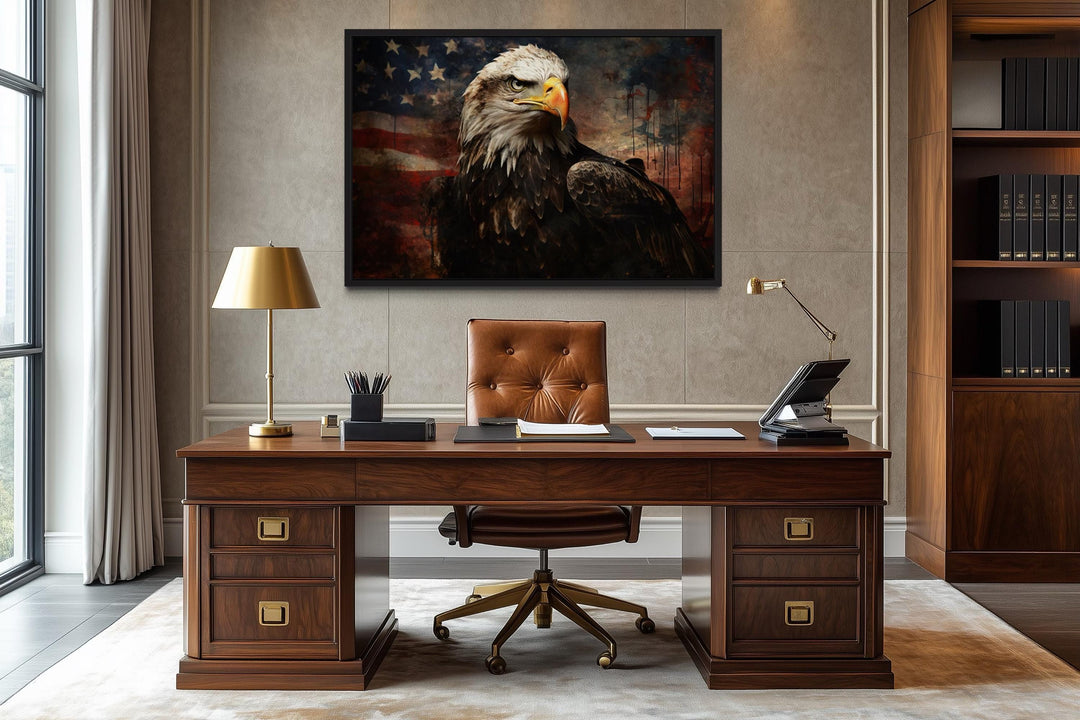 American Bald Eagle With USA Flag Background Canvas Wall Art