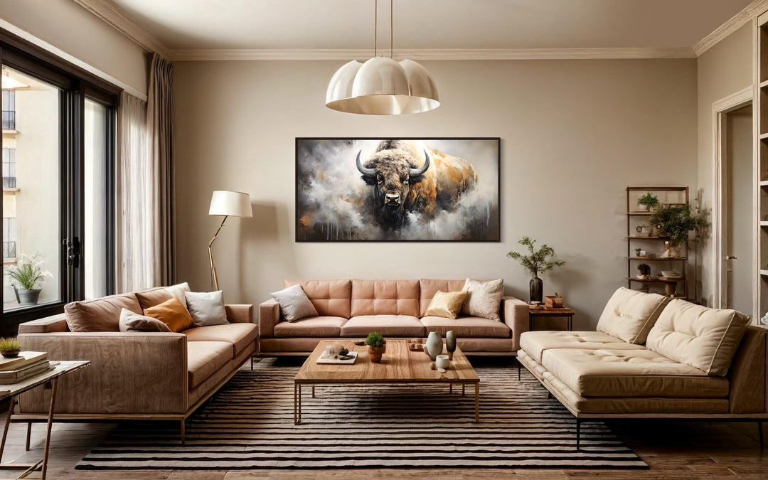 American Bison Abstract Dripping Paint Framed Canvas Wall Art